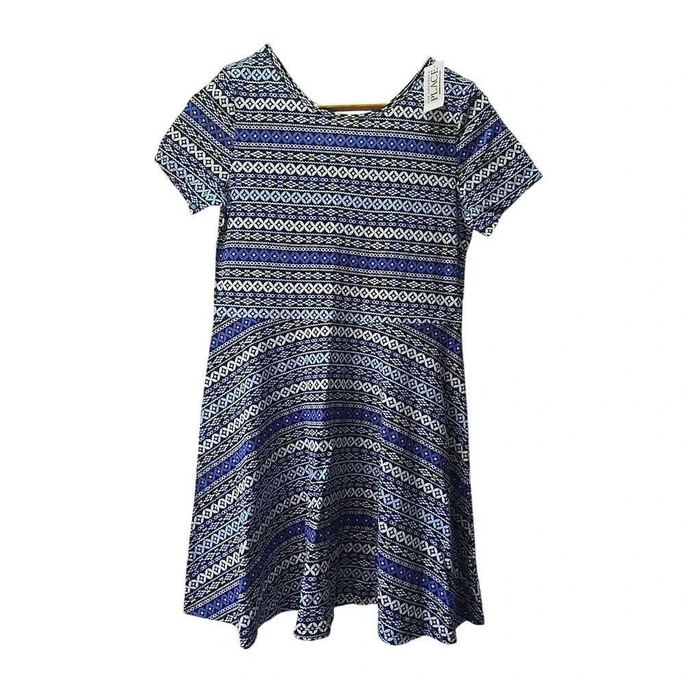 The Children's Place Skater Dress Girls 16 Blue Geometric Boho Cotton NWT